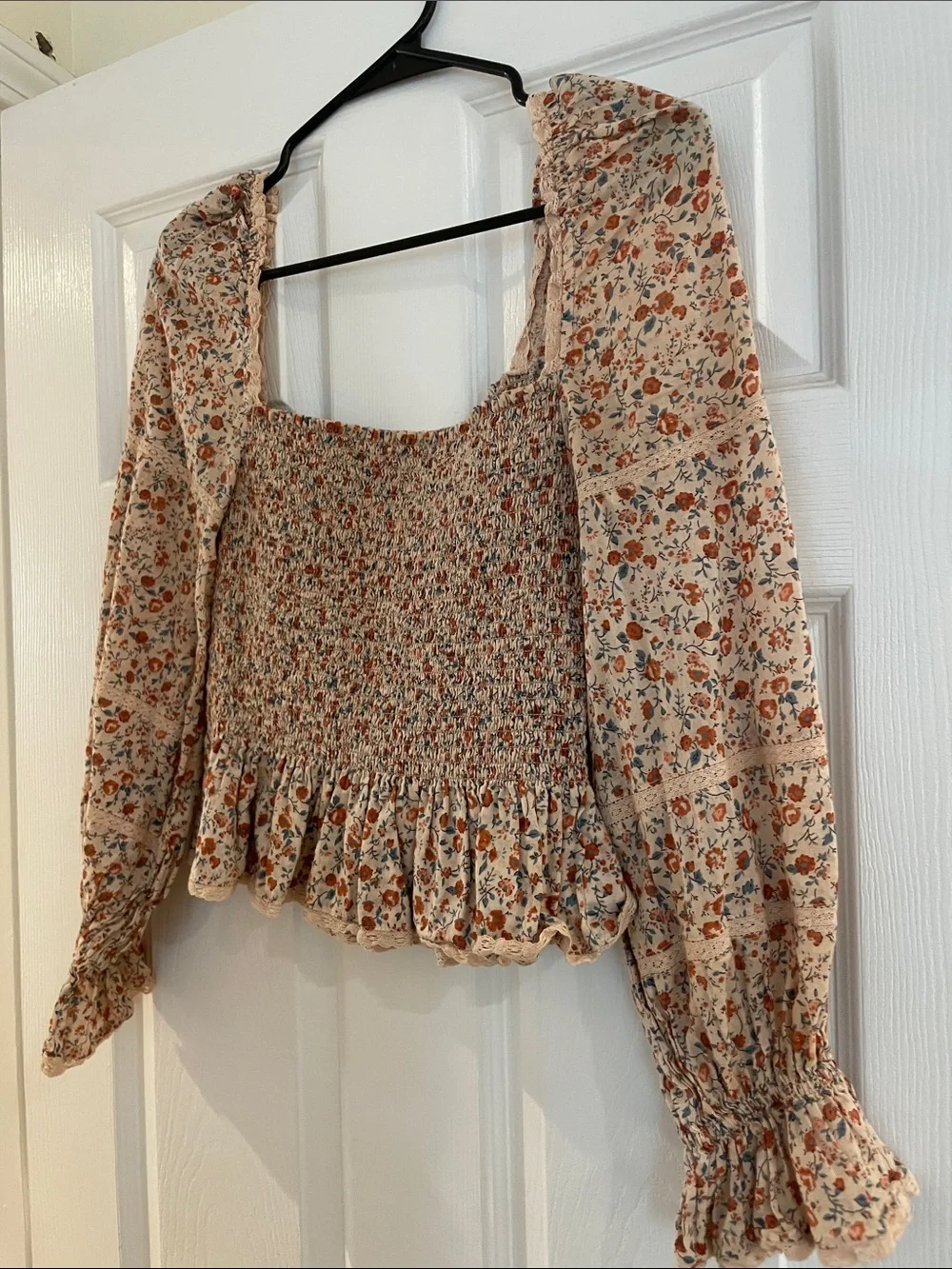 Reformation Floral Smocked Peasant Blouse in Soft Pink